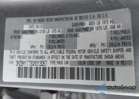 2016 Mazda Mazda3 I Sport from USA, damaged, VIN 3MZBM1T73GM313057